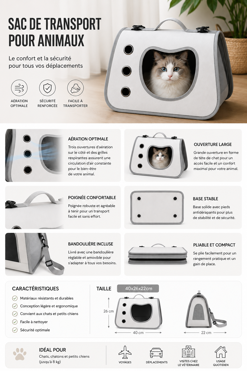 Sac de Transport Pliable à Bandoulière pour Chat & Petit Chien